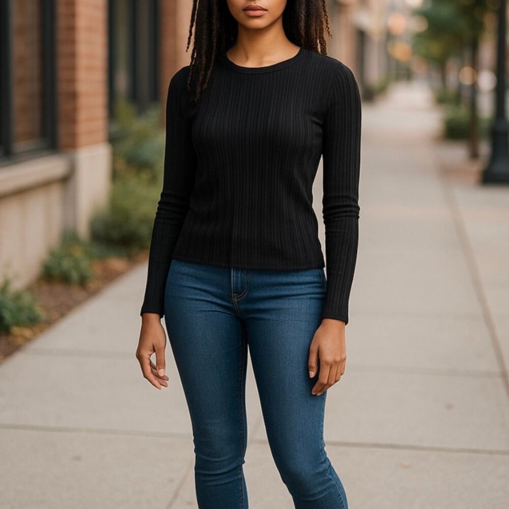 J. Crew Black Ribbed Pointelle Lace Detailed Cotton Long Sleeve Top